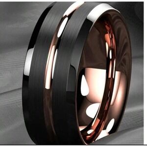 Mens Black Brushed Rose Gold Grooved Wedding Band Comfort Fit Ring
